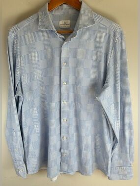 Emanuel Berg Mens Button Down Shirt XL Blue Modern Fit Stretch Houndstooth Plaid
